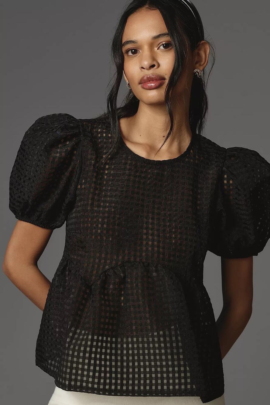 Maeve Puff Short Sleeve Babydoll Blouse in Black Size XS